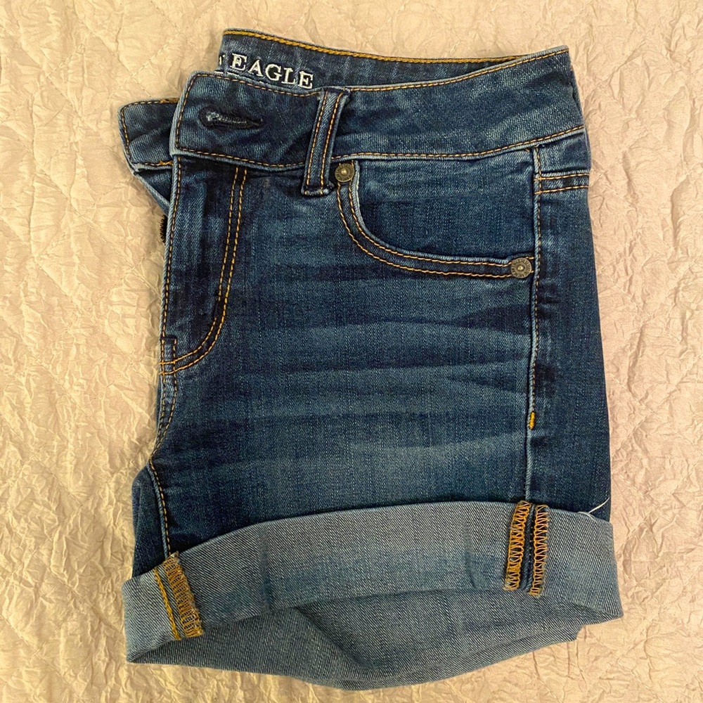American Eagle dark wash super stretch midi rise shorts